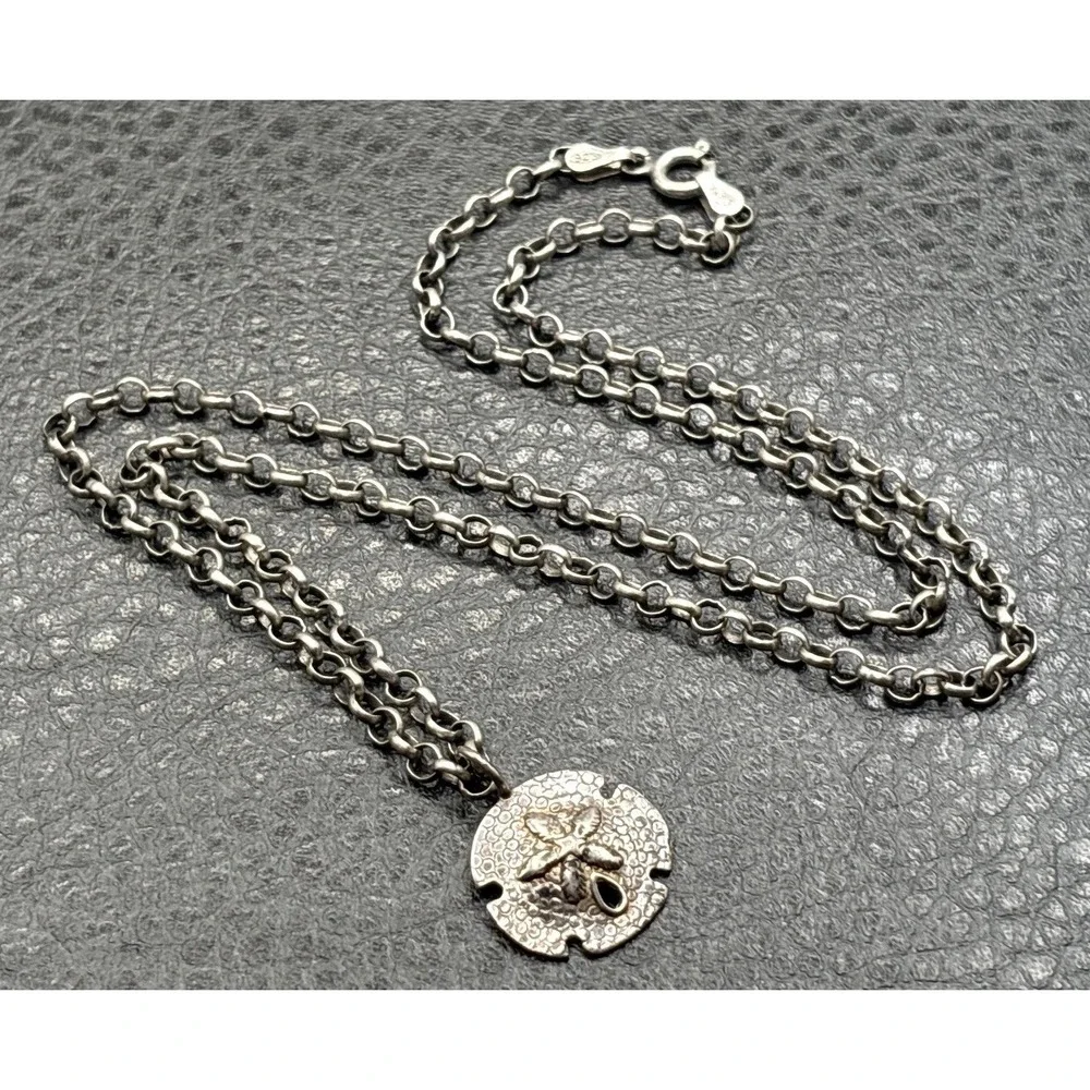 Vintage Sterling Silver Sand Dollar Pendant Rolo Chain Necklace Beach Sea Boho